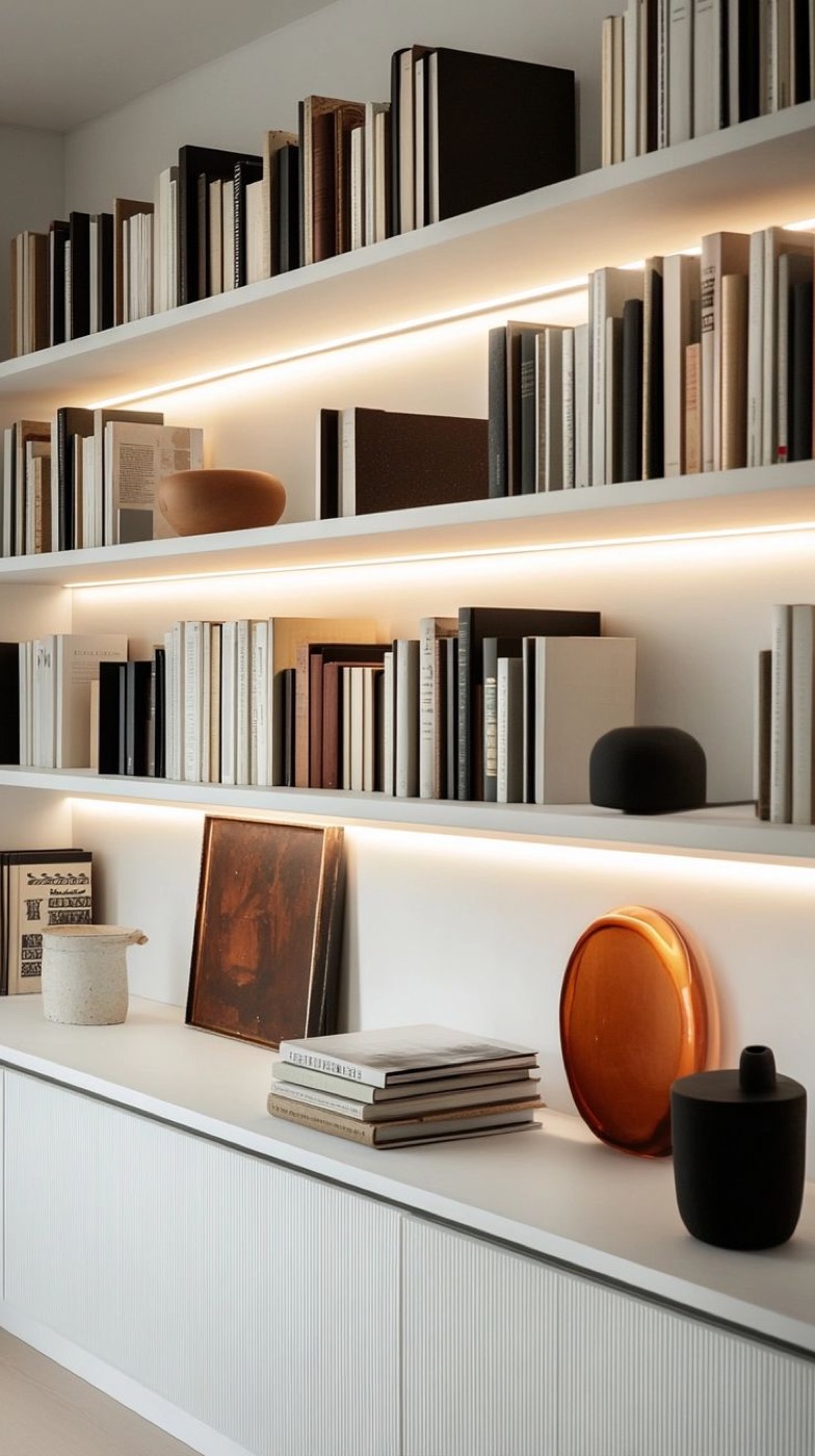 Illuminated bookshelves with art objects