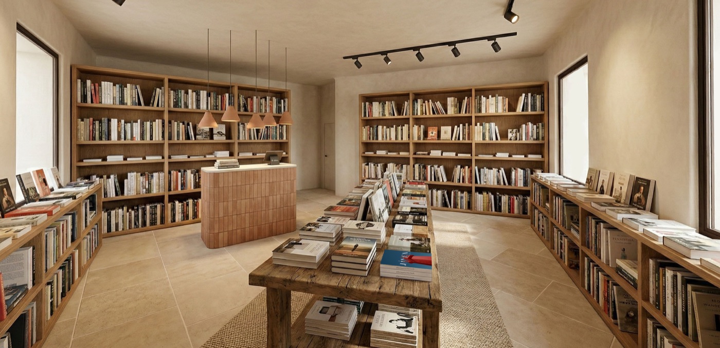 Tosalet bookstore — curated library with oak shelves